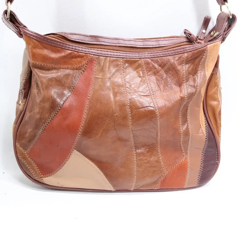 Vtg Patch Leather Crossbody Handbag Women M Brown Tone Colorblock Purse Bag